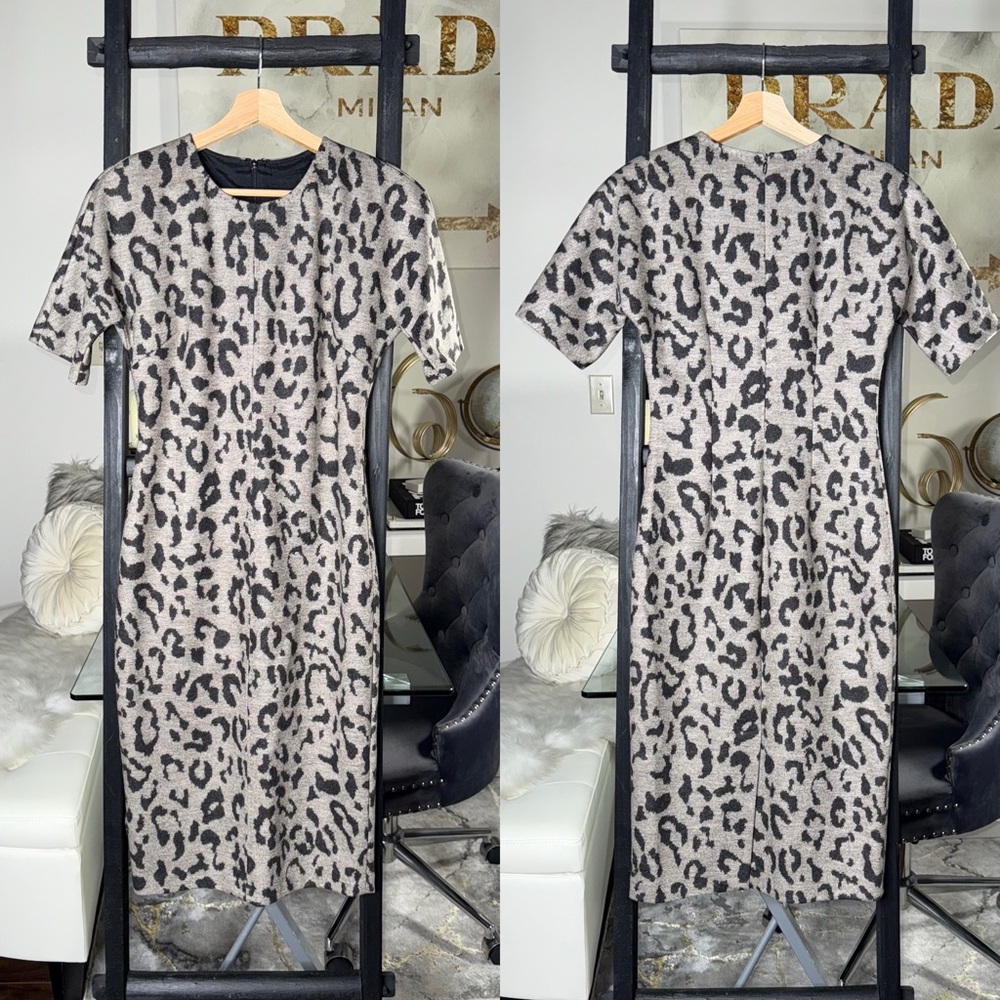 Max Mara Leopard Wool Knit Short Sleeve Midi Pencil Straight Dress Womens US 6
